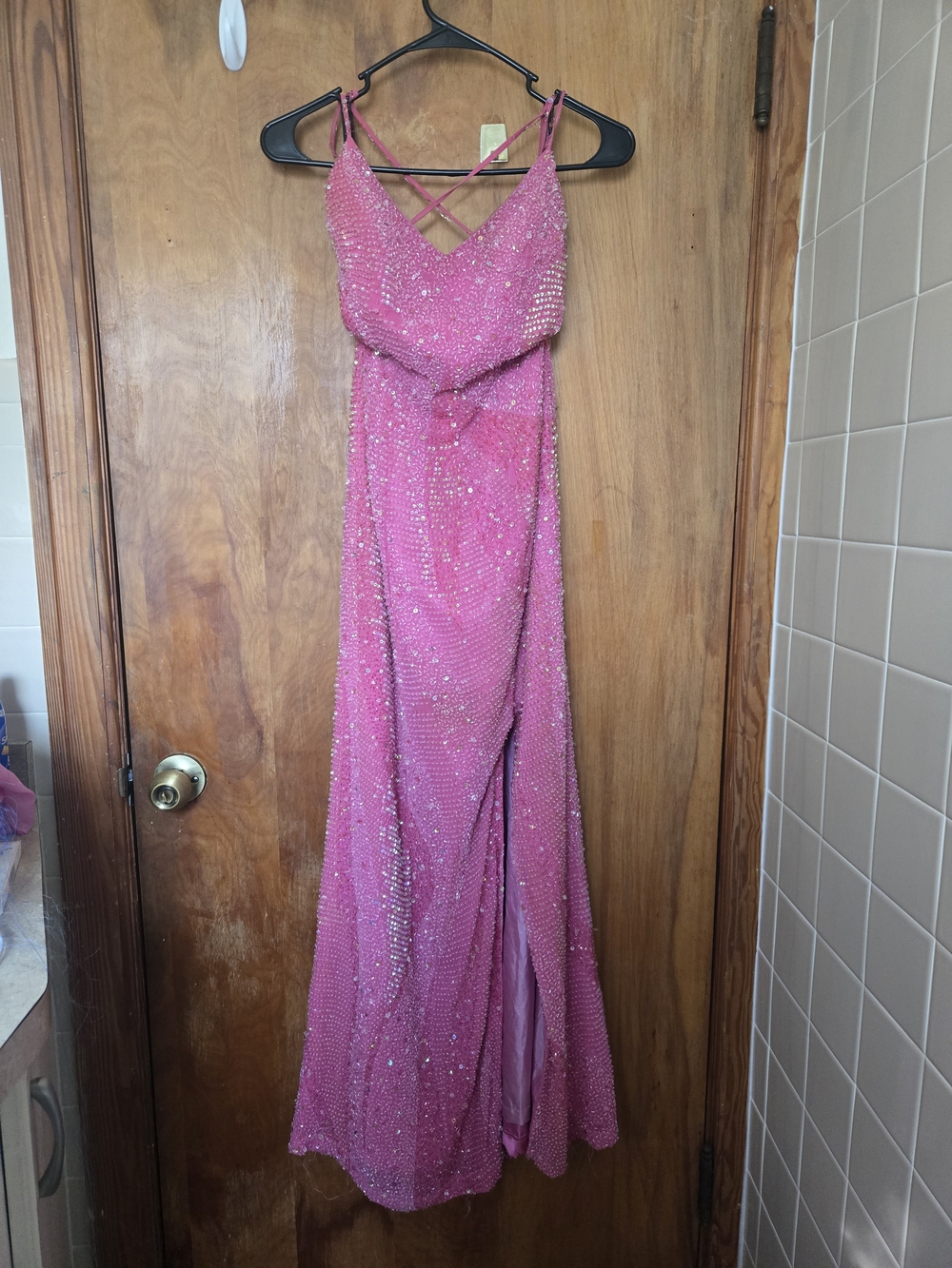 Sparkling Pink Evening Gown with Crisscross Straps